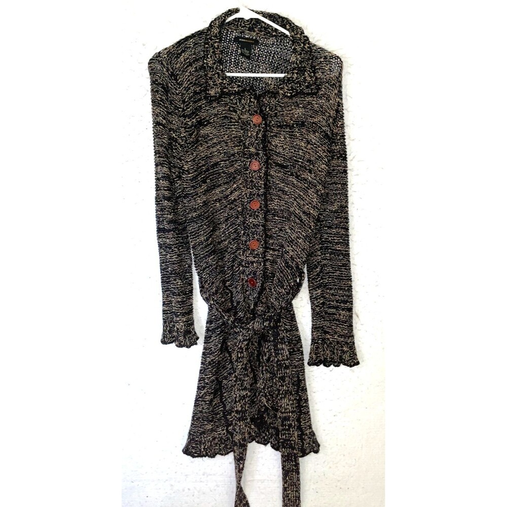 BCBG Maxazria Women's Long Duster Chunky Knit Cardigan Sweater Sz L Brown Black